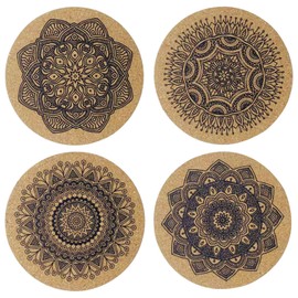 4 PACK Cork Coasters, Handmade Boho Placemats Mandala Cork Coasters Wooden Reusable Round Coasters Reusable Absorbent Cup Coaster Mat Hot Pads for Home, Restaurant, Office and Bar