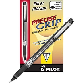 Precise Grip Stick Roller Ball Pen, Bold 1mm, Black Ink, Black Barrel, 1Dozen
