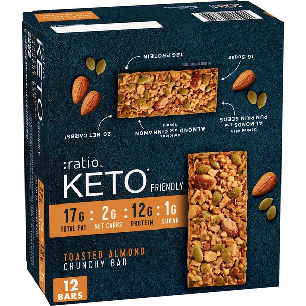 :ratio KETO Friendly Crunchy Bars, Toasted Almond, Gluten Free Snack, 1.45 oz, 12 ct
