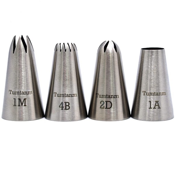 Tumtanm Professional Large Piping Nozzles, 4pcs Stainless Steel Seamless Icing Piping Nozzle Tip Set for Cupcakes and Baking
