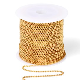 [66 Feet/ 20M] 18K Gold Plated Stainless Steel Curb Chain, 2mm 304 Stainless Steel Flat Twisted Links Curb Chains Bulk for Jewelry Making Necklace DIY Craft