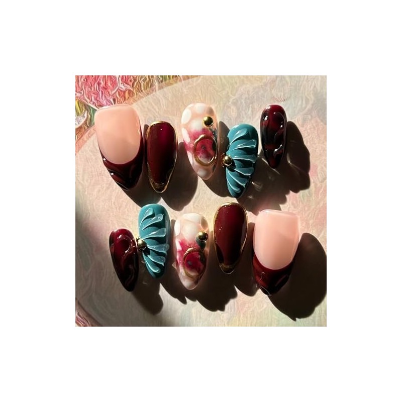 MAGLFELL Uñas Postizas de Gel de Otoño Almendradas de Longitud