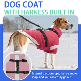 MIGOHI Dog Coat with Harness Built in, 2-in-1 Water-Resistant Dog Jacket, Thermal Fleece Lined Coat with Reflective Strips for Medium Dogs, Zip Up Closure, French Bulldog, Pink, M