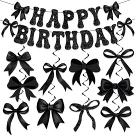 Black Bow Birthday Decorations, Black Coquette Birthday Decorations includes Black Happy Birthday Banner and Black Bow Decorations Hanging Swirls, Black Bow Party Decorations for Birthday Baby Shower