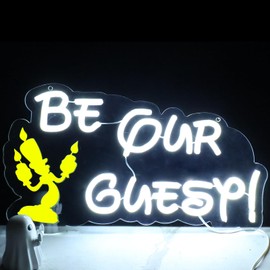 Be Our Guest Neon Signs Beauty and the Beast Birthday Part Candle Holder LED Ligfhts with Dimmer Switch, 8.9 x 15.7 Inches, Be Our Guest Party, Bar, Man Cave, and Bedroom Decoration