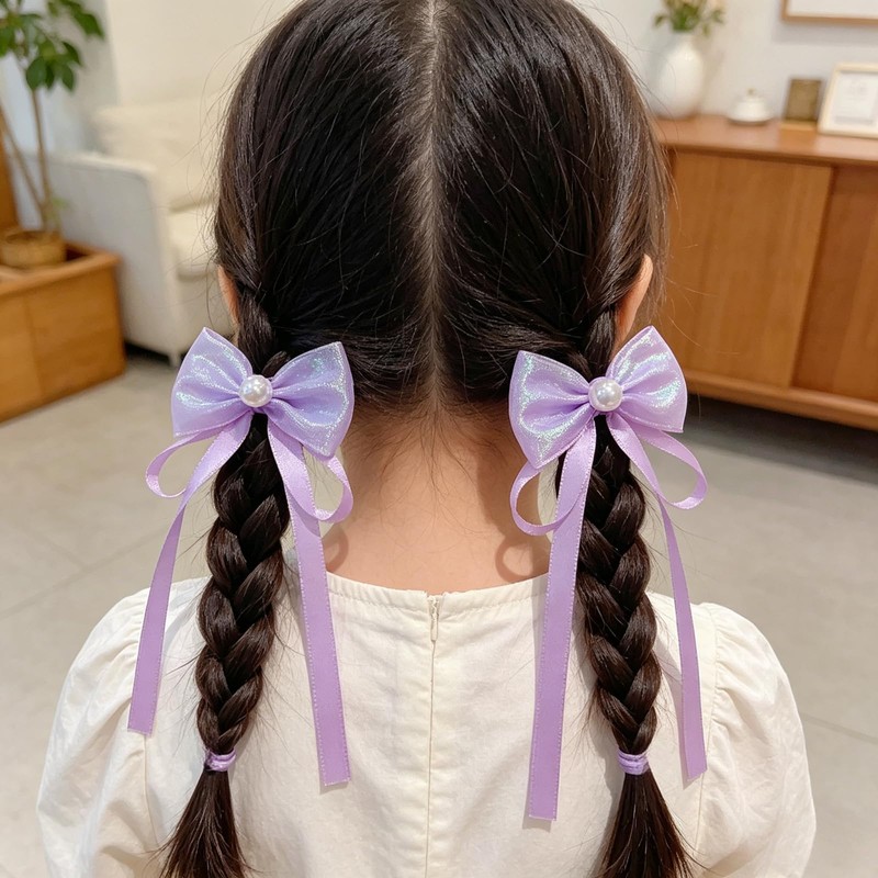 【2 個セット】子供用 蝶々リボン ヘアゴム パープル 可愛い サテンリボン キッズ ヘアアクセサリー 滑り止め