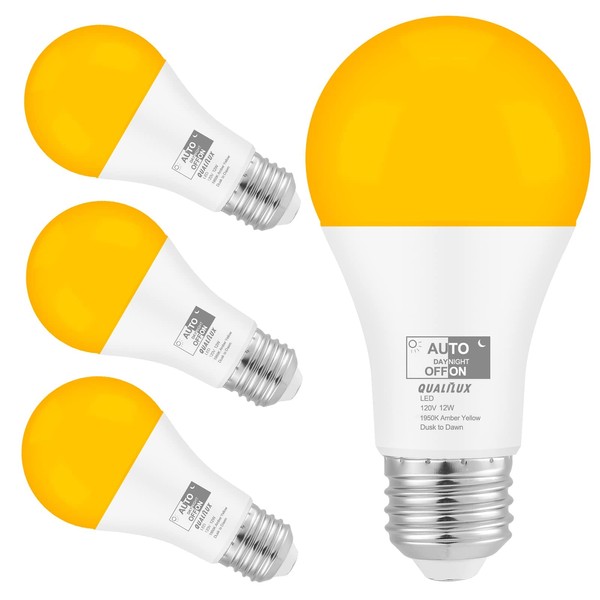 Qualilux Dusk to Dawn Bug Light Bulbs Outdoor, 1900K Amber Yellow, 800 Lumen, LED 12W, A19 E26, 4-Pack, HQ-H020