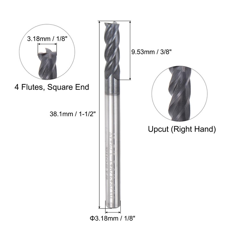 QUARKZMAN Square Nose Cutter, 1/8" Tip Diameter, Solid Carbide, AlTiN
