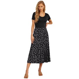 GRECERELLE Women's Casual Maxi Dress Floral Short Sleeve Pockets Summer Beach Sundress, Polka Dot White Black, X-Large