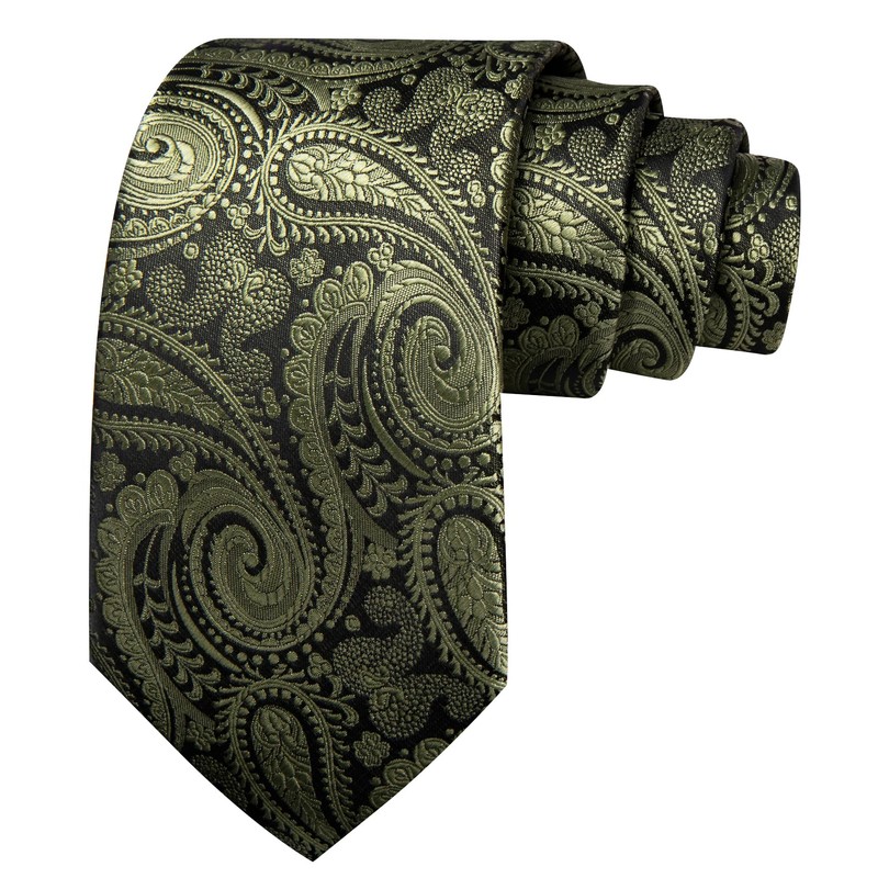 Barry.Wang Olive Green Black Ties for Men Paisley Silk Necktie