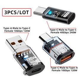 CY 3 Pieces/Lot Type C Smart LED USB-C to USB 3.2 Type-A Adapter OTG 10Gbps 40Gbps 120W 240W Data Fast Charging Tester Detector