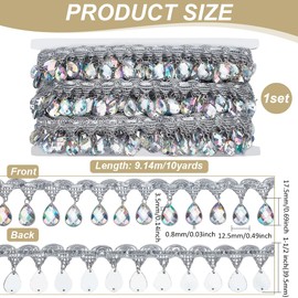 FINGERINSPIRE 9.1 m 39 mm Wide Fringe Lace with Hanging Beads, Polyester Sewing Fringe, Tassel Trim, Silver Trim with Crystal Pendant, for Sewing Cafes, Wedding and Party Decoration