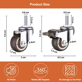 Pack of 4 Swivel Castors for Furniture M8 Castors with Brakes Furniture Castors Small Non-Slip Rubber Castors M8 x 25 mm, 2 with Brakes + 2 Without Brakes, 360° Rotatable, 40 kg Load Capacity,