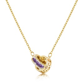 Linawe Amethyst Purple Interlocking Double Circle Pendant Necklace for Women, Gold Hypoallergenic Stainless Steel Chain Necklaces, Crystal Rhinestone Birthstone Imitation Diamond Jewelry