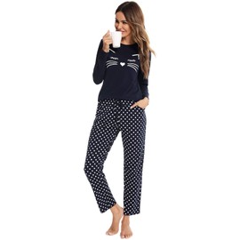 EISHOPEER Women's Cotton Pajama Set Long Sleeve Top & Pants Sleepwear Pjs Sets Navy Blue L