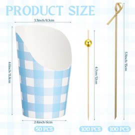 Potchen 250 Pcs Blue Plaid Charcuterie Cups with Sticks 14 oz 50 Sets Disposable Checkered Gingham Snack Appetizer Cups with 200 Cocktail Picks French Fry Holder for Wedding Bridal Party Decorations