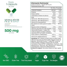VITAMIN K2+D3 INFINTIY Liposomal 300 capsulas (500mg por porcion) Complejo de Vitaminas K2 (MK4 y MK7) + Vitamina D3 con MCT OIL y Folato, by Eternal Nutrition - Ingredientes Naturales Premium de USA
