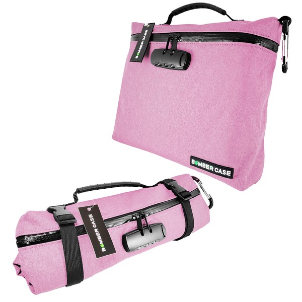 BOMBER CASE - Extra Large Premium Locking Smell Proof Bag, Adjustable Straps, Odor Proof, Carbon Lined, Lockable Pouch or Storage Case, Pink