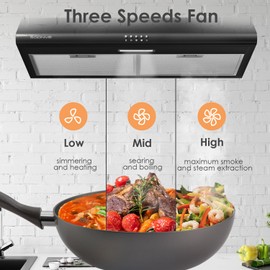 SOONYE 30 inch Black Stainless Steel Under Cabinet Range Hood, Slim Kitchen Vent Hood Ducted/Ductless Convertible with 3 Speed Controls, 5-Layer Aluminum Filters,LED Lights