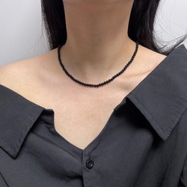 Natural Black Onyx Choker Necklace Sterling Silver 4MM Round Beads Strand Necklace for Women