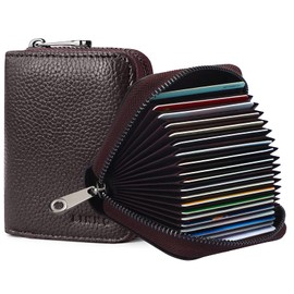 Goopai RFID 20 Card Slots Credit Card Holder Genuine Leather Accordion Card Case Small Wallet for Women or Men with Zipper (New-Coffee)