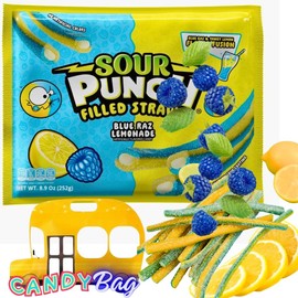 Sour Filled Bites Straws - 8.9oz Extra Value Bag - Dual Flavor Fusion Blue Raspberry & Lemon - Comes With One Bus Resealable Zipbag (Lemon+Blue Raspberry)