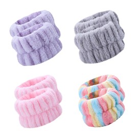 Wristbands (Deep Purple, Grey, Pink, Rainbow Stripe, 4 Pairs) Absorbent Wristbands Face Wash Wristbands Wristbands for Face Cleaning Wristbands for Face Washing Wristbands for Face Wash Wristbands Absorbent Bands for Face Wash Wrist Bands
