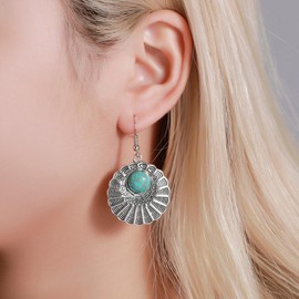 Inateannal Vintage Turquoise Dangle Earrings Ethnic Fan-Shaped Drop Earrings Statement Hook Earrings For Women Girls, Alloy Steel