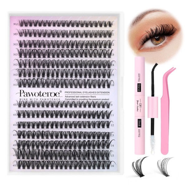 DIY Lash Extension Kit 280pcs Individual Lashes Cluster D Curl Eyelash Extension Kit 30D 40D 9-16mm Mix Lash Clusters with Lash Bond and Seal and Lash Applicator Tool for Self Application at Home (30D+40D-D-9-16MIX KIT)