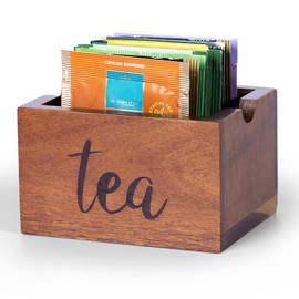 Acacia Sugar Packet Caddy for Coffee Bar, Farmhouse Wood Sugar Holder Packets , Sugar Packet Container, Small Tea Bag Organizer for Office Table,Hotel, Restaurant, Brown Labeled "Tea"