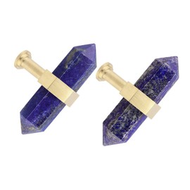 mookaitedecor Set of 2 Lapis Lazuli Double Crystal Points Drawer Knobs with Screws, Decorative Stone Cabinet Handle Pulls for Dresser Cupboard Kitchen Decor, Brushed Brass