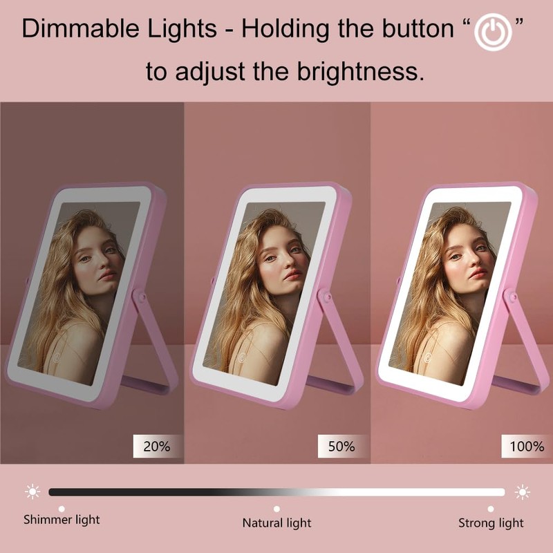 YEKKOPT Pink Rechargeable Vanity Mirror with Lights, 10"×7" LED Makeup