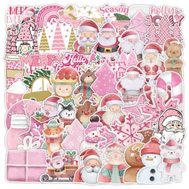 Christmas Stickers 100Pcs Cute Pink Series Christmas Vinyl Stickers Santas Deer Holiday Stickers for Kids Adults Funny Laptop Stickers for Skateboard, Water Bottles, Cars, Bumper, Scrapbook (A)
