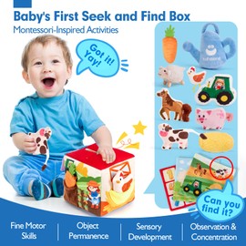 hahaland Baby Seek and Find Sensory Farm Animls Plush - 13 PCS Whats Inside Box with Rattle, Crinkle, Squeaker, Mirror, Texture, 9 Month Old Baby Toys 6-12-18 Months, Montessori Toys for 1 Year Old
