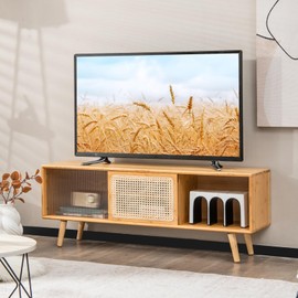Byroce Boho TV Stand for 55 inch TV, Farmhouse Entertainment Center w/Storage & Adjustable Shelf, Rattan Media Console, Small Bamboo Cabinet for Living Room & Bedroom, BC-0624-NA-US