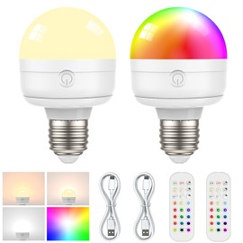 2Packs E26 Rechargeable Light Bulbs with Remote, 6W 450lm Battery Operated Magnetic Light Bulbs 2500mAh, 15 RGB Color, Timer, Dimmer for Non-Hardwired Lamp