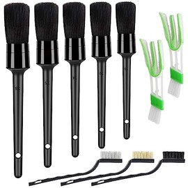 HMPLL - Juego de 10 brochas para detallar, multiusos, para limpiar el interior del coche, exterior, motor, piel, incluye 5 cepillos de limpieza de... 