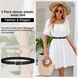WERFORU 2 Pack Women Elastic Waist Belt Gold Buckle Belt,Black+Beige