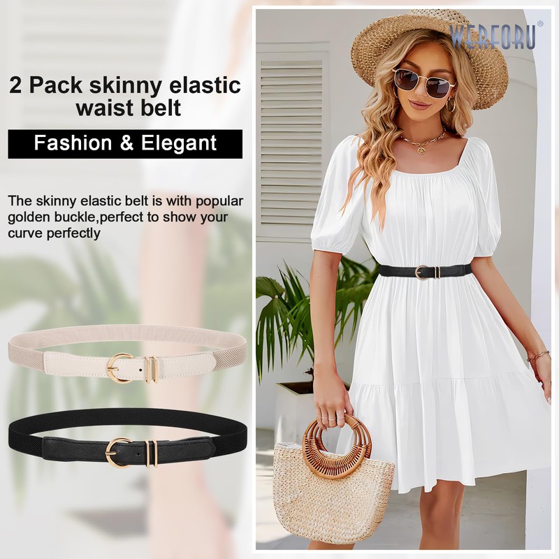 WERFORU 2 Pack Women Elastic Waist Belt Gold Buckle Belt,Black+Beige