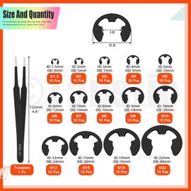 Tanstic 210Pcs 14 Sizes E-Clip External Retaining Ring Assortment Steel E-Clips for Bearings, Gears, Shafts (M1.5-M22) with Tweezers