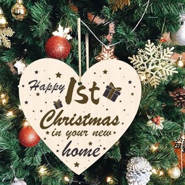 iwiio Happy First Christmas in New Home Ornament New Home Wooden Heart Sign New Home Christmas Decoration Hanging Plaque for Christmas Tree Decoration Accessories (A)