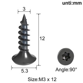 Drenky Pack of 50 Wood Screws Torx Black Screws M3 x 12 mm with Countersunk Head Made of Stainless Steel A2 Full Thread Self-Tapping Screws Universal Screws Torx TX10