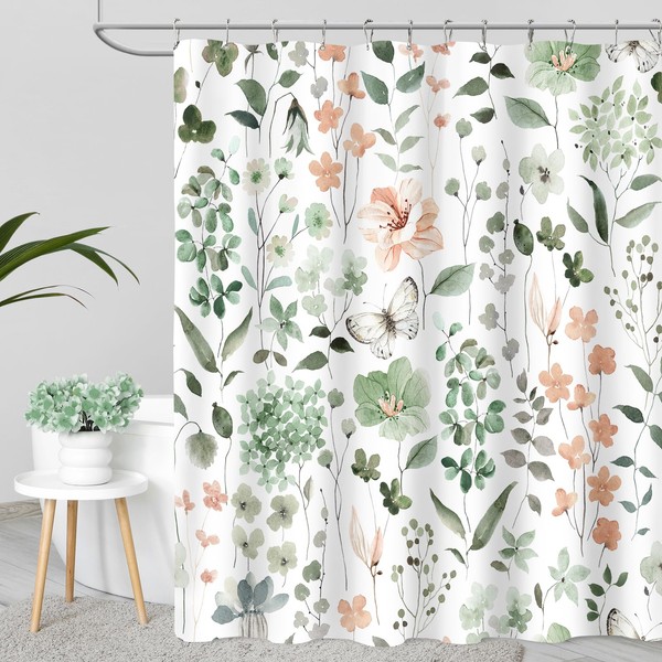 MAYZUS Cute Floral Shower Curtain, Sage Green Flower Fabric Shower