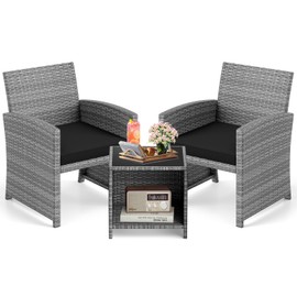 KOTEK 3 Piece Patio Furniture Set, Outdoor Wicker Patio Chairs with Cushions & Storage Table, PE Rattan Bistro Set for Porch, Backyard, Balcony (Black)