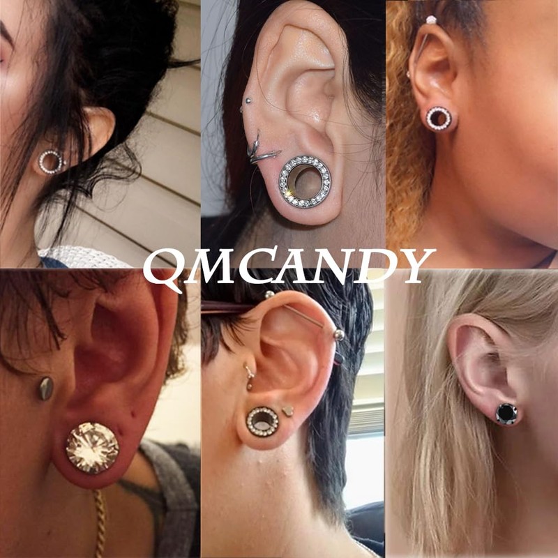 Qmcandy 8pcs Stainless Steel Cubic Zirconia Tunnels for Ears Single