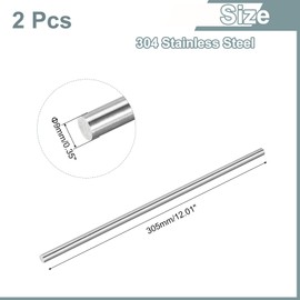 sourcing map 2Pcs 304 Stainless Steel Rods, 9mm x 305mm Metal Solid Shaft Round Rod Lathe Bar Stock for Model Plane Cars Ship DIY Craft Metal Working