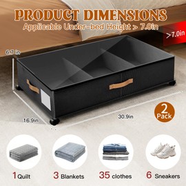 BEABOY Under Bed Storage with Wheels, Rolling Under Bed Storage Containers with Clear Lid and Handles for Clothes, Shoes, Blankets, Pillows, Toys, Books, Bags (60L, 30.9 x 16.9 x 6.7in, Black, 2 Pack)