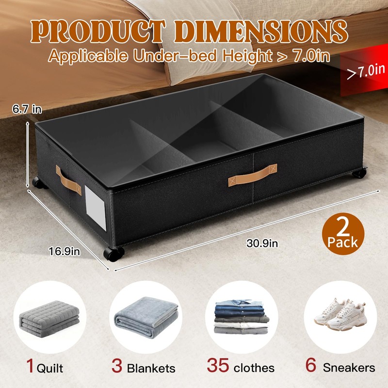 BEABOY Under Bed Storage with Wheels, Rolling Under Bed Storage