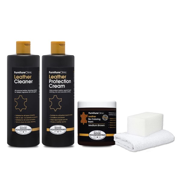 Furniture Clinic Leather Complete Restoration Kit | Includes Leather Recoloring Balm, Leather Cleaner, Protection Cream, Sponge & Cloth | Restores & Repairs (Medium Brown)