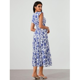 Milumia Summer Flowy Bohemian Dresses for Women 2024 Boho Floral V Neck Ruffle Hem Maxi Dress Floral Blue White Small